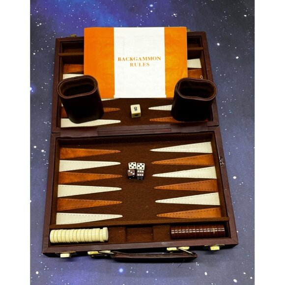 Vintage Backgammon Game Stripe Leatherette Set Briefcase Folding Travel Case - Picture 2 of 14